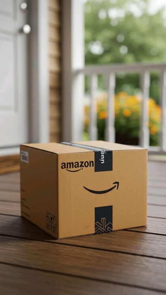 Amazon cardboard delivery box sitting on a wooden front porch near a white front door with flowers blurred in the background.