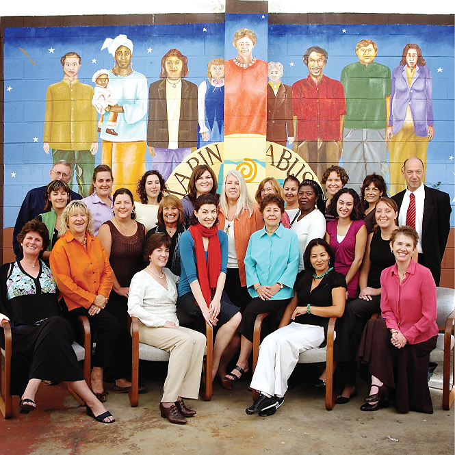 The Marin Abused Women’s Services team poses in front of a mural, representing the early leadership that helped shape domestic violence prevention work in Marin County.