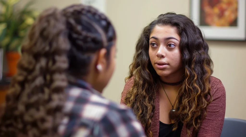 A young woman speaks with a peer advocate in a counseling setting during a Center for Domestic Peace program supporting youth impacted by domestic violence.