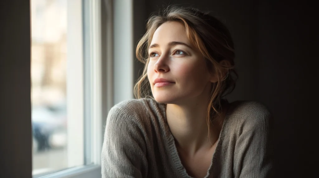 A young woman sits by a window, gazing outside with a calm, reflective expression as soft daylight falls across her face.
